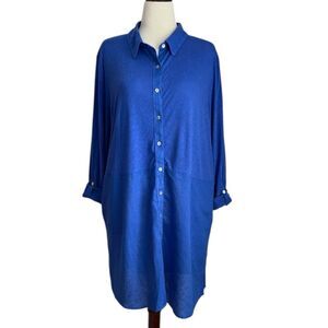 NWT Tahari Women Shirt Dress Linen Blend Pockets Long Sleeve Blue Size XL